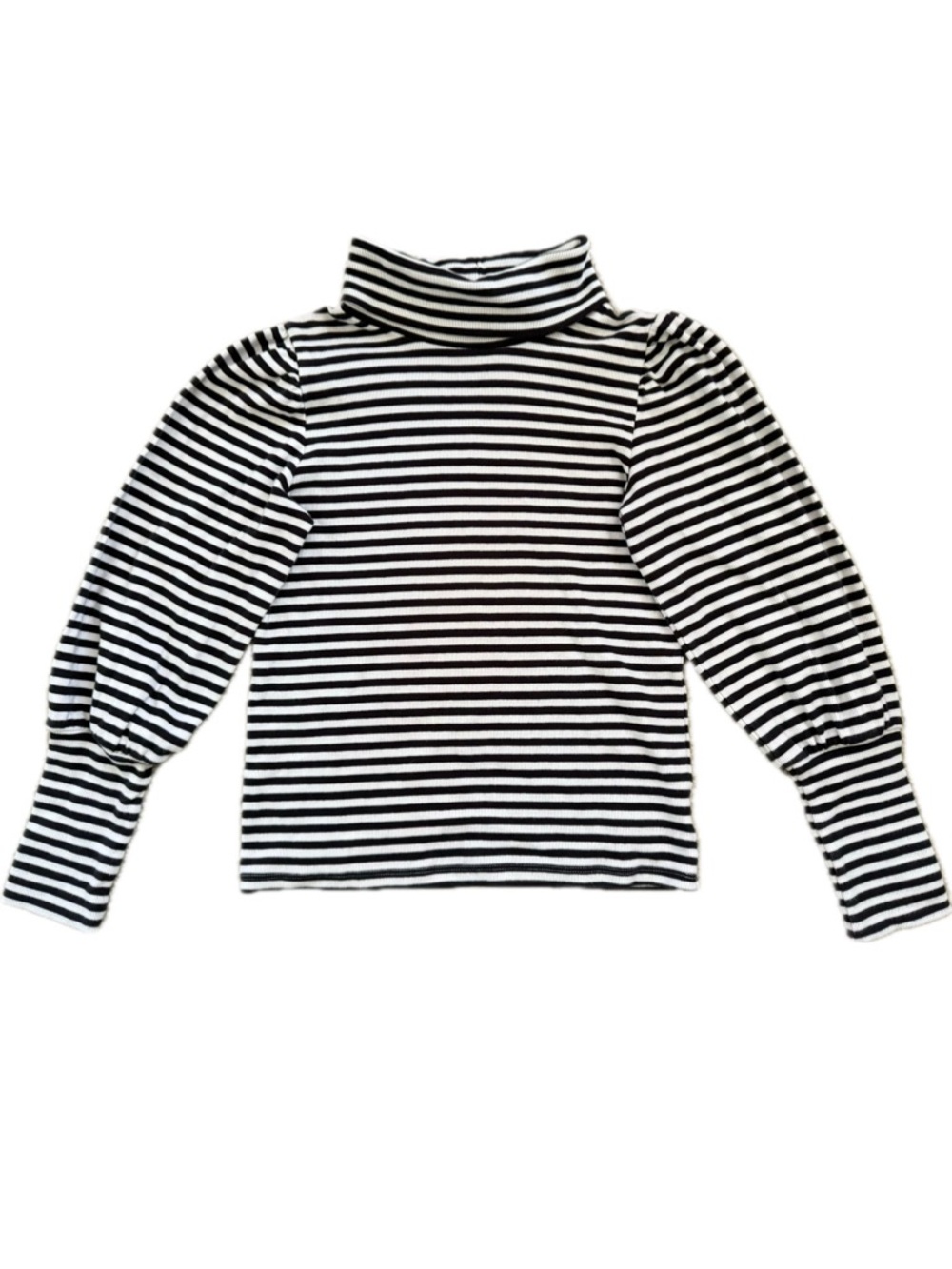 GAP Girls’ Long Sleeve Striped Puff Sleeve Black/White Mock Neck Top